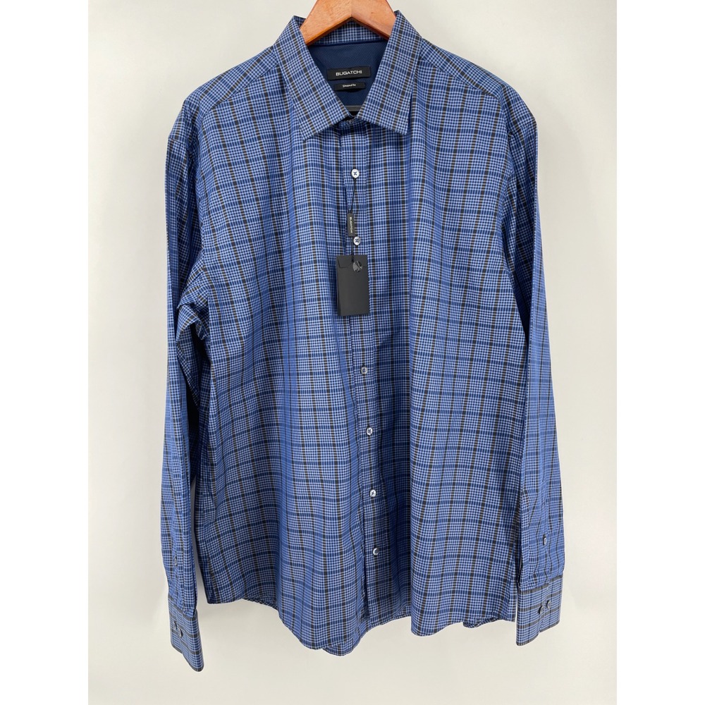 Bugatchi Button Front Shirt Mens XXL Blue Plaid Shaped Fit Long Sleeve NEW Lux